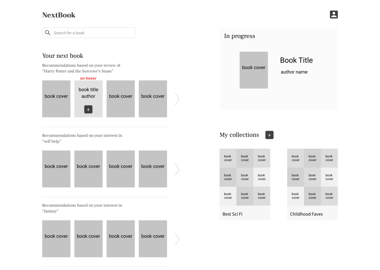 Low-fidelity home page wireframe with recommendation rows and collection grids