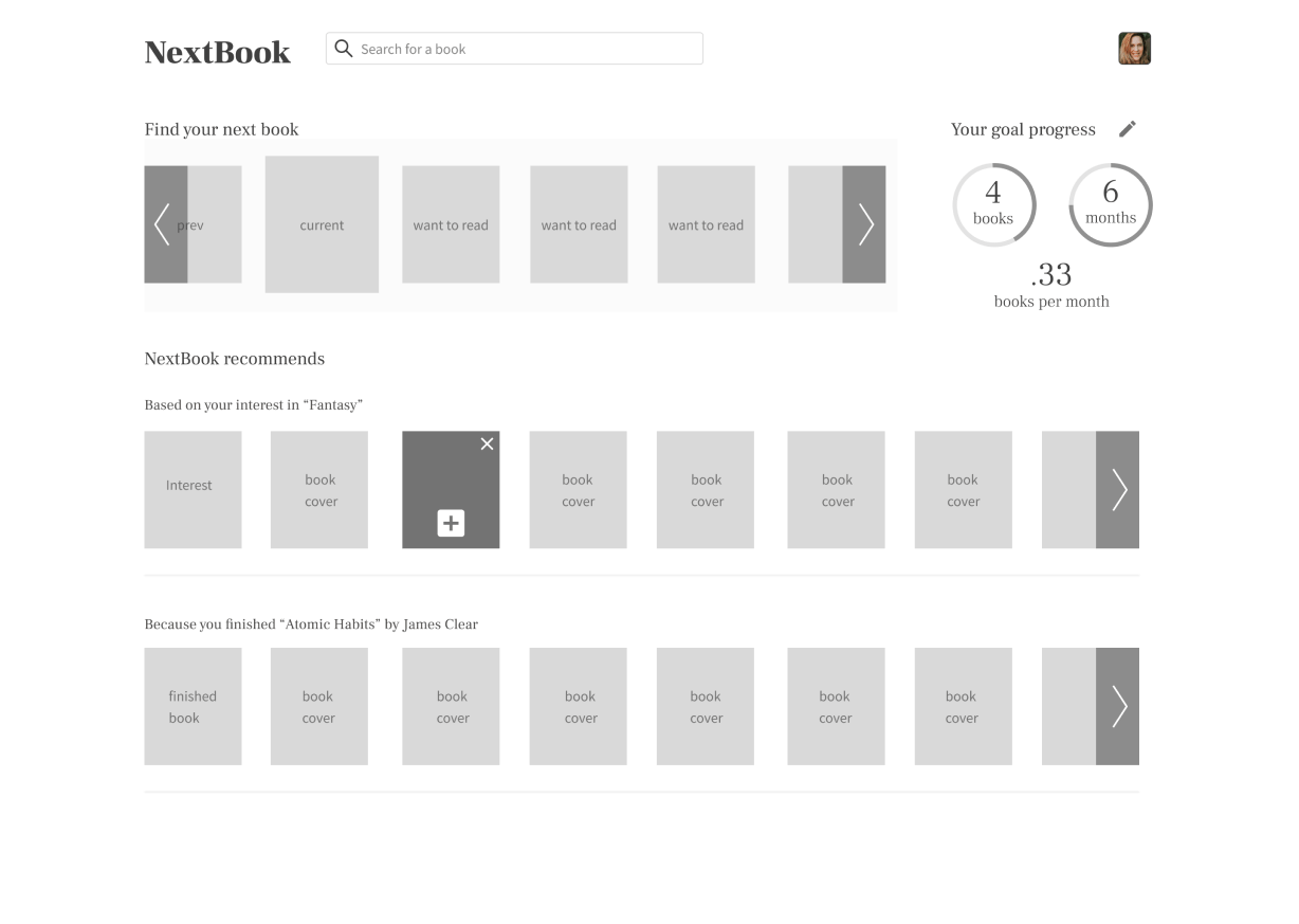 Home page wireframe with horizontal scrolling recommendation carousels and goal progress