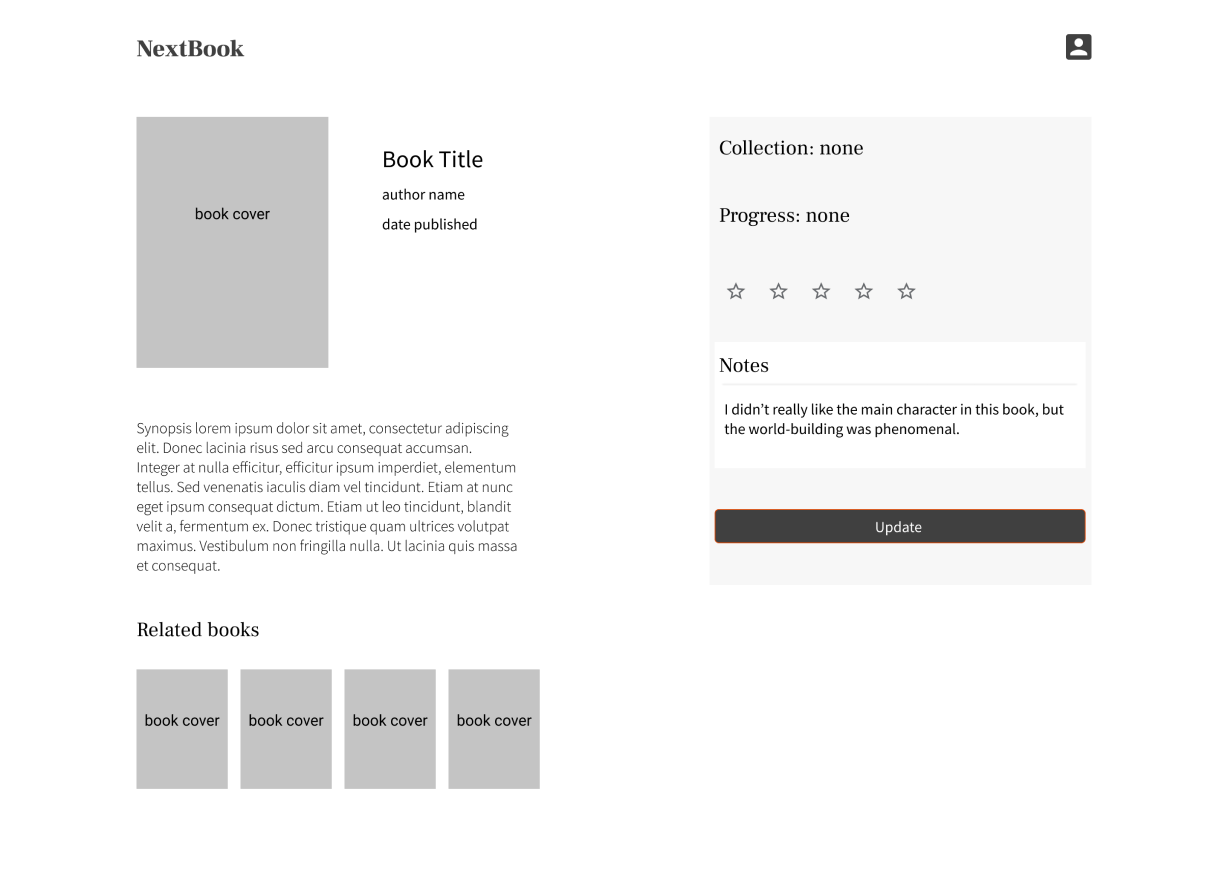 Book details wireframe with private notes panel and related books