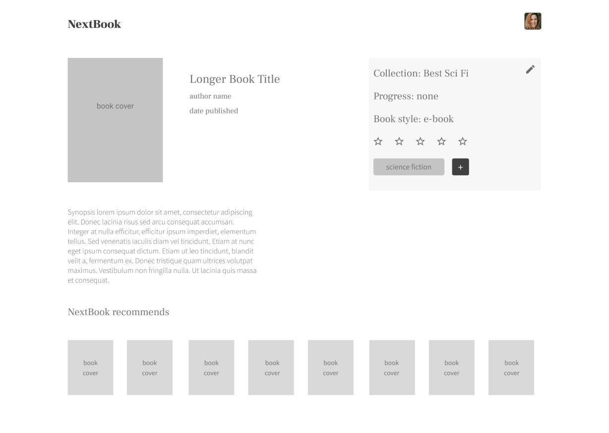 Book details wireframe replacing notes with collection info and a tag