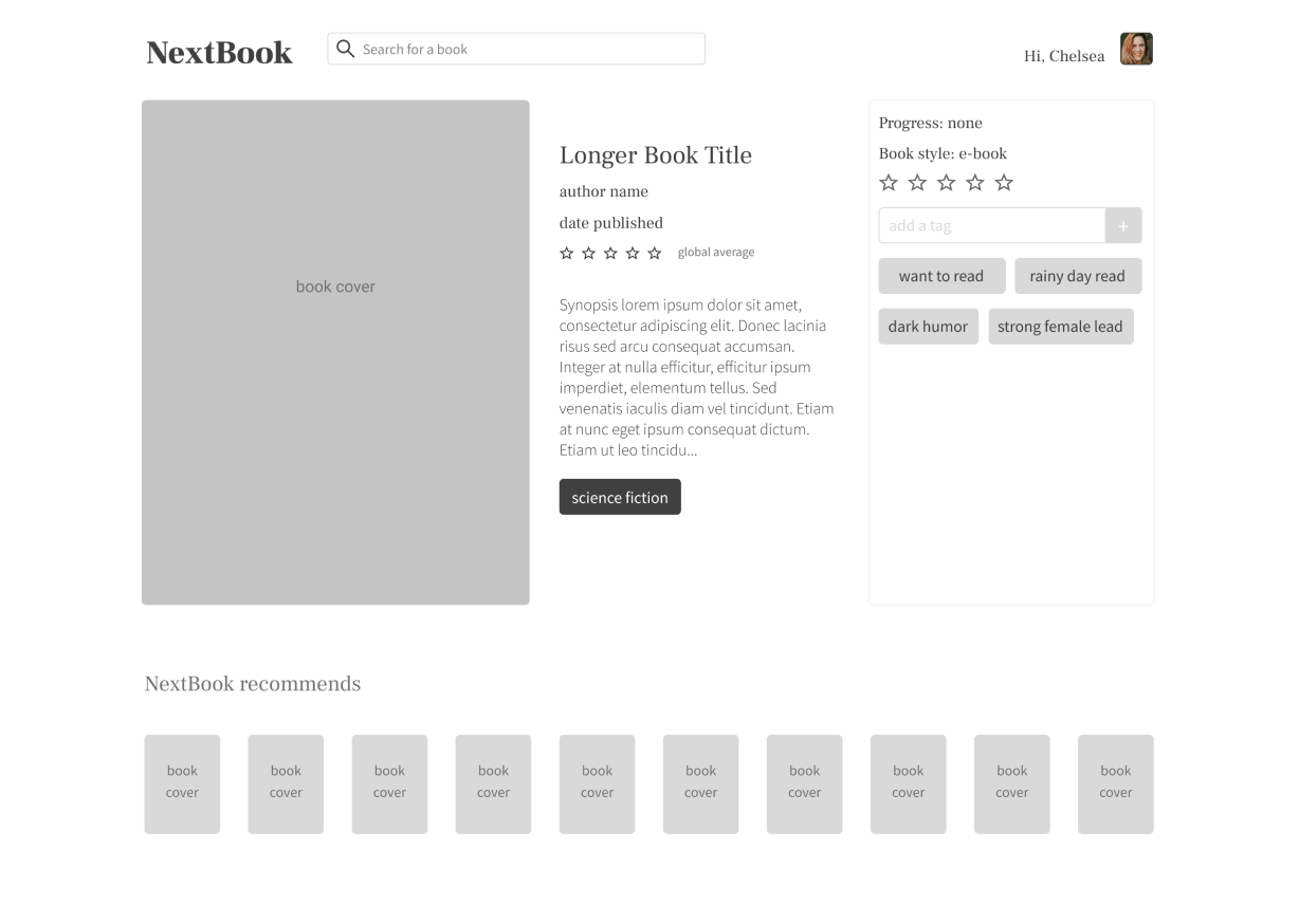 Book details wireframe with enlarged book cover and personal tags