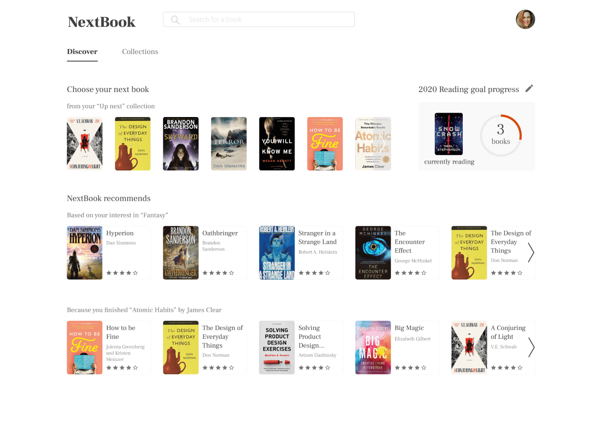 Final NextBook home page with recommendation shelves and reading goal progress