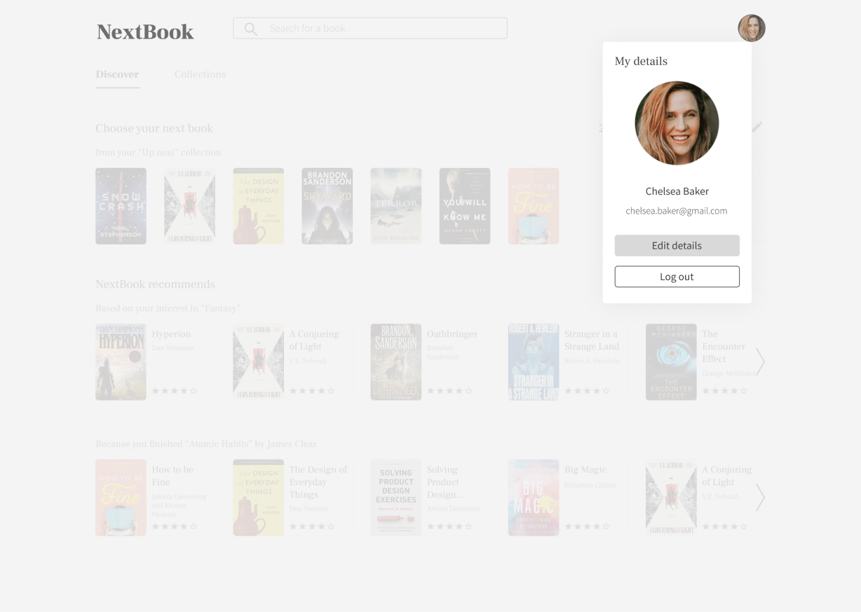 Final profile modal with user details over a dimmed home page