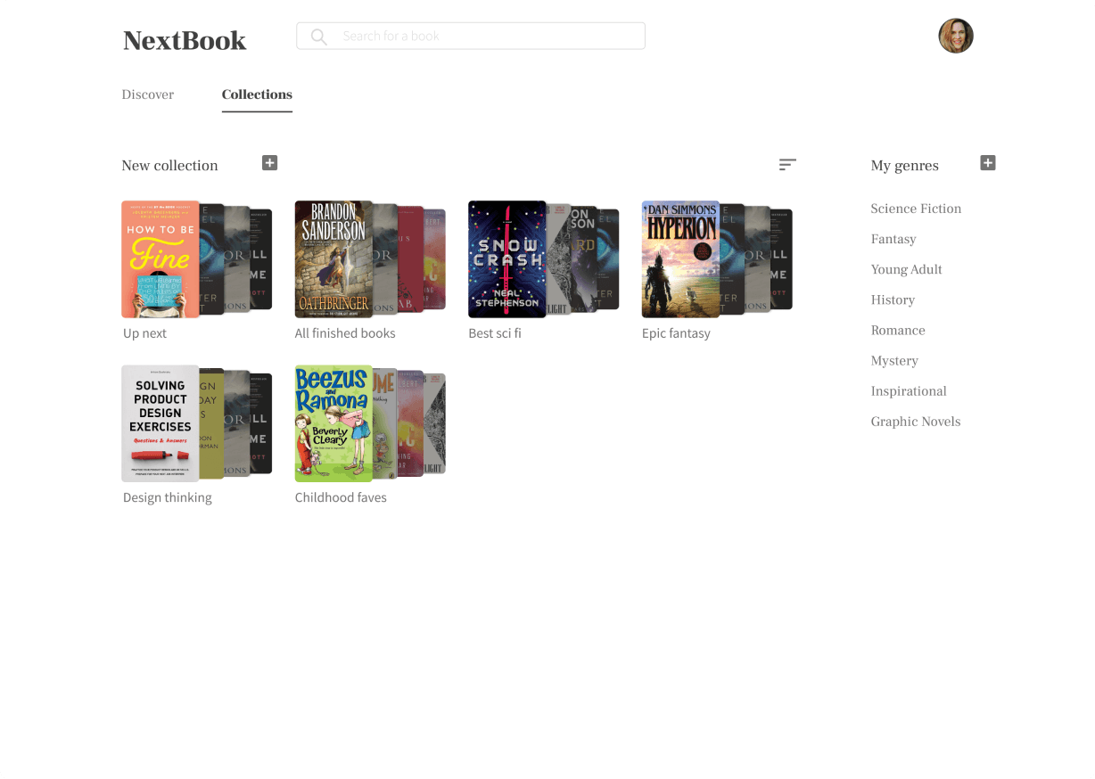 Final collections page with 3D book stacks and genre list
