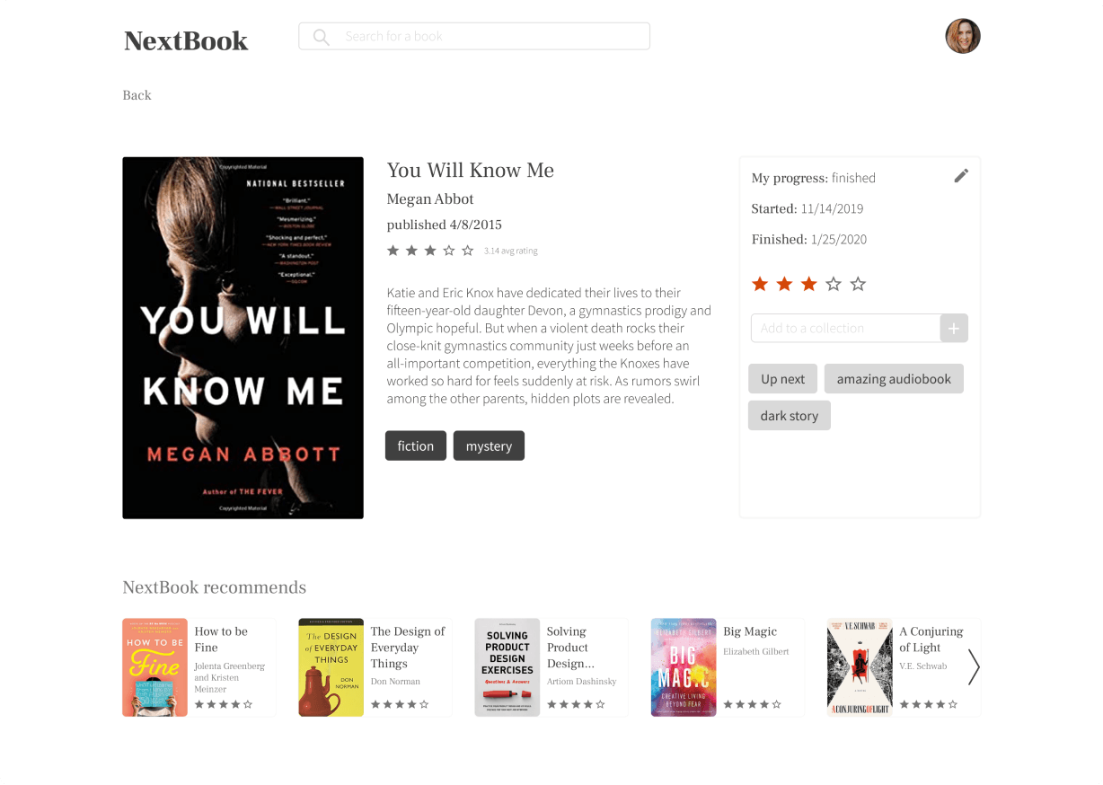 Final book details page with large cover, rating, and collection tags