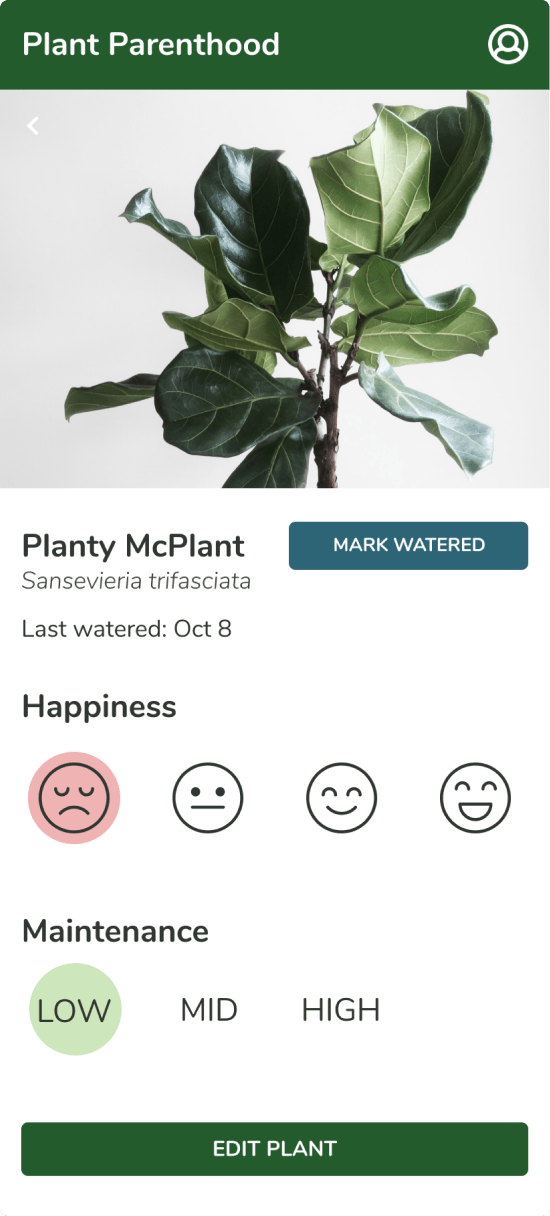Final plant profile showing an unhappy face selected on the happiness scale