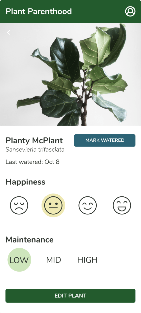 Final plant profile with a neutral happiness face selected and low maintenance set