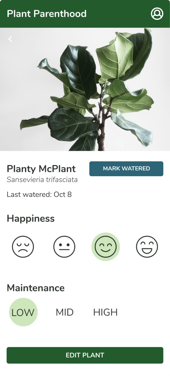 Final plant profile with a happy face selected and a mark watered button