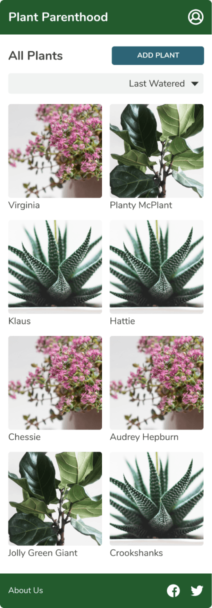 Home page listing all plants as a photo grid with names and an add plant button