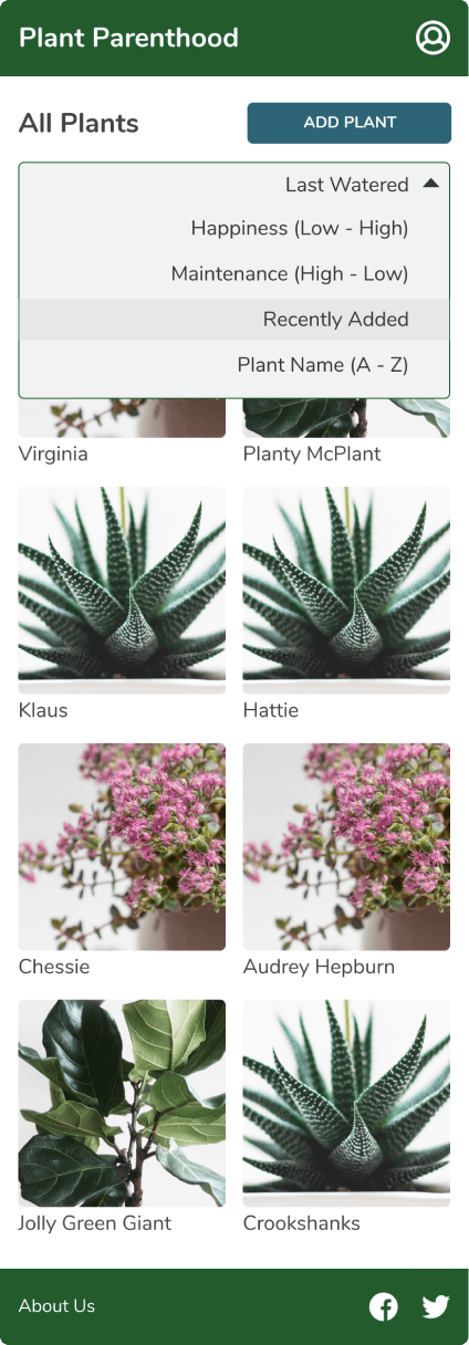 Home page sort menu open with options like last watered, happiness, and plant name
