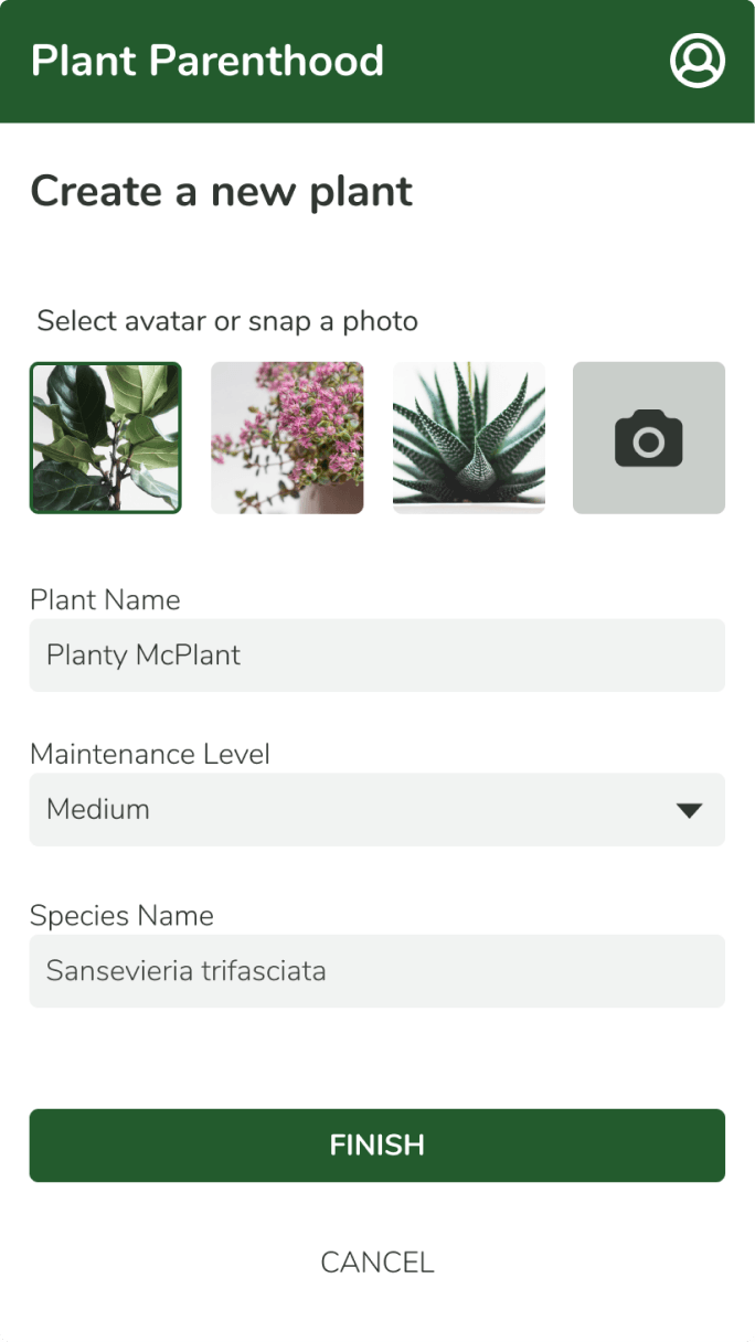 Create a new plant form with avatar picker, name, maintenance level, and species fields