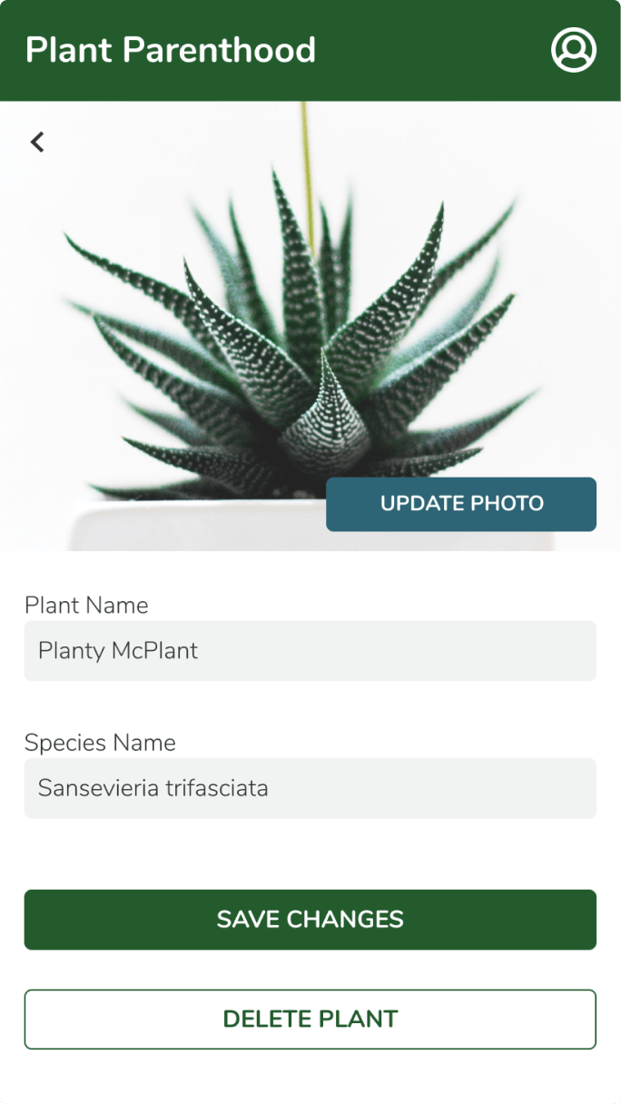 Edit plant screen with photo update, name and species fields, and delete option