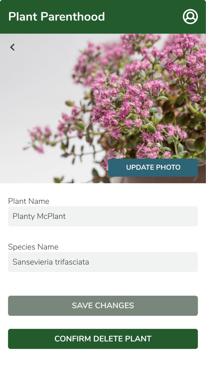 Edit plant screen asking the user to confirm deleting the plant