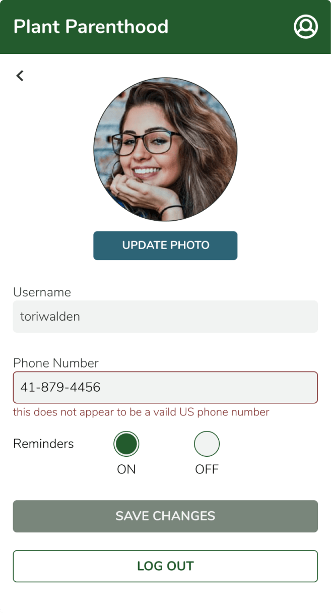 Edit user profile screen with photo, username, phone validation error, and reminder toggle