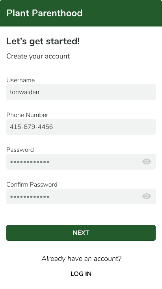 Sign-up screen asking only for username, phone number, and password