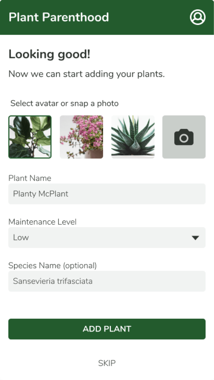 Onboarding step for adding a first plant with a skip option