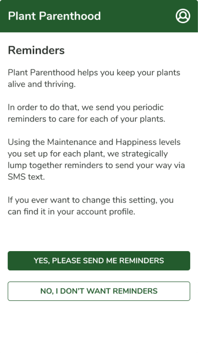 Onboarding screen explaining SMS reminders with opt-in and opt-out buttons