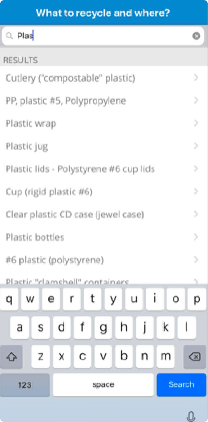 Competitor search screen listing plastic recycling results in a plain text list