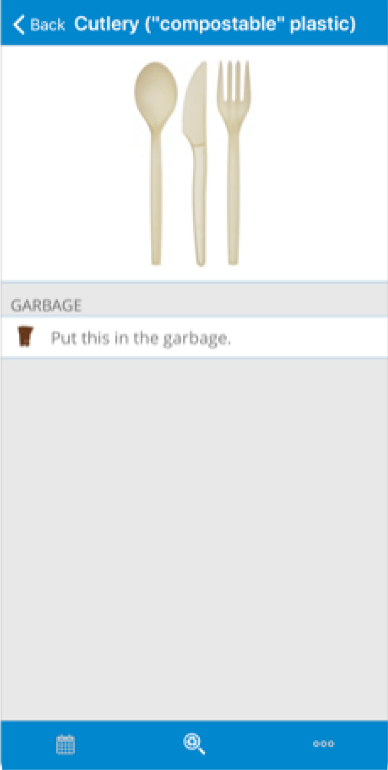 Competitor item page for compostable plastic cutlery advising users to put it in the garbage