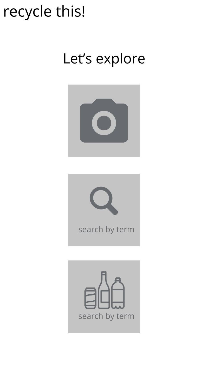 Early home page wireframe stacking a camera option above two search-by-term blocks