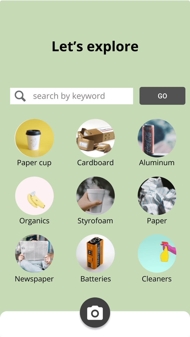 High-fidelity green home screen combining keyword search, a photo category grid, and a camera button