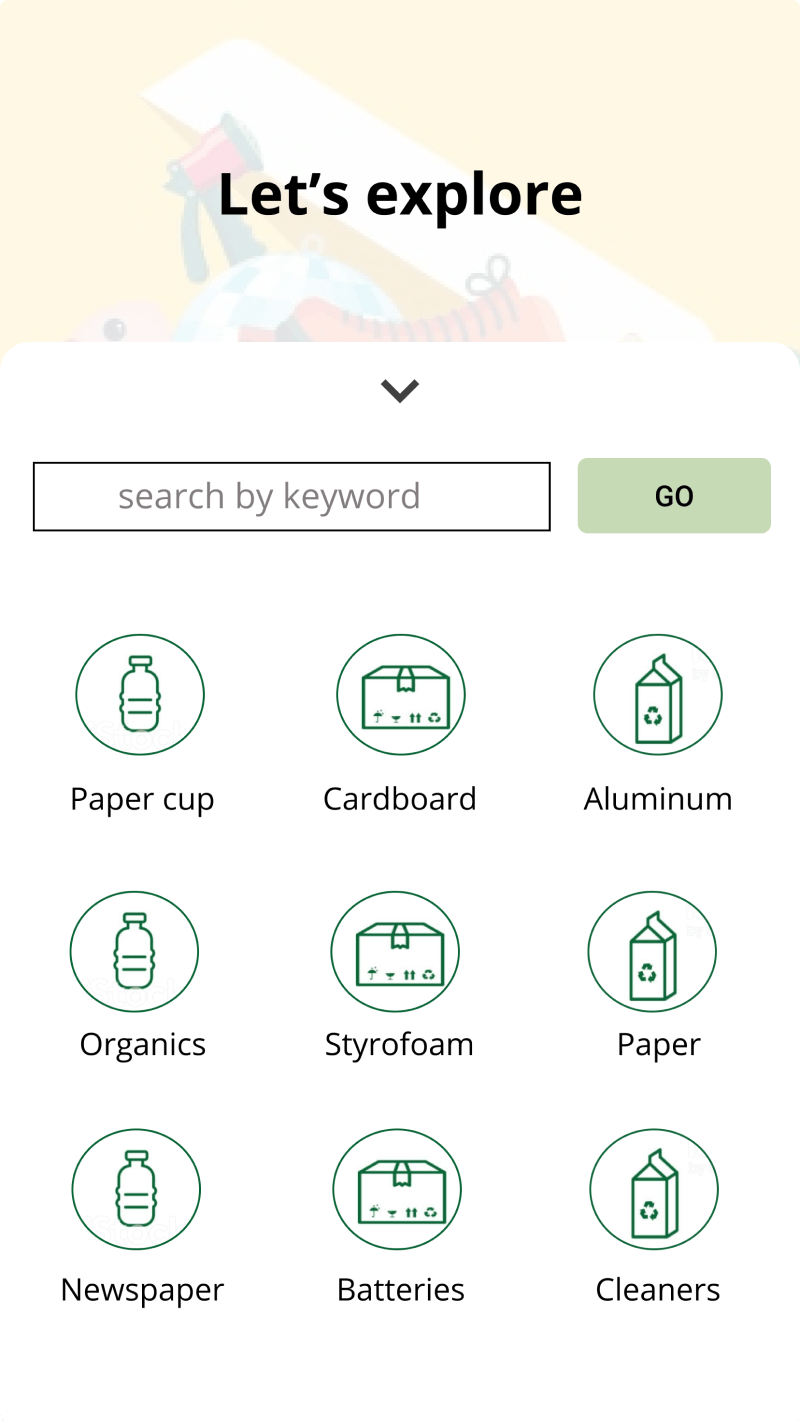 Home page iteration pairing keyword search with a line-icon category grid under an illustrated header