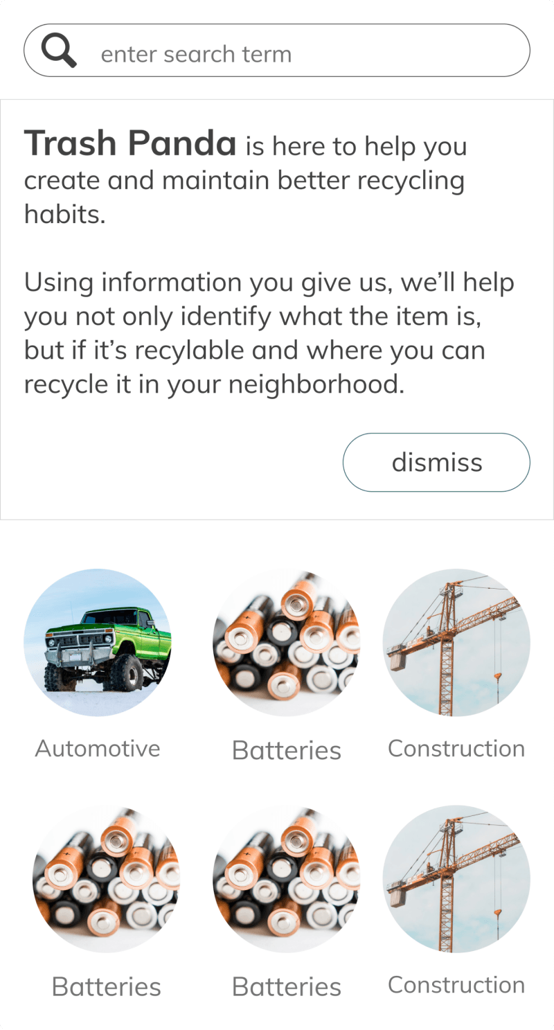 Home page iteration with a dismissible Trash Panda welcome message above photo categories