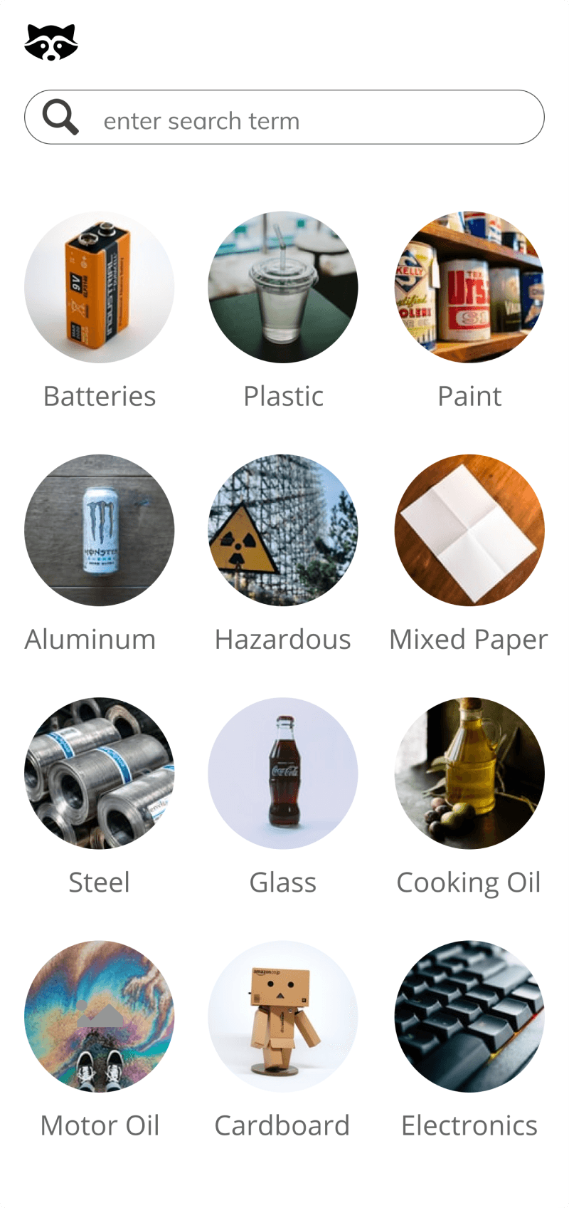 Later home page design with raccoon logo, search bar, and twelve photo category tiles
