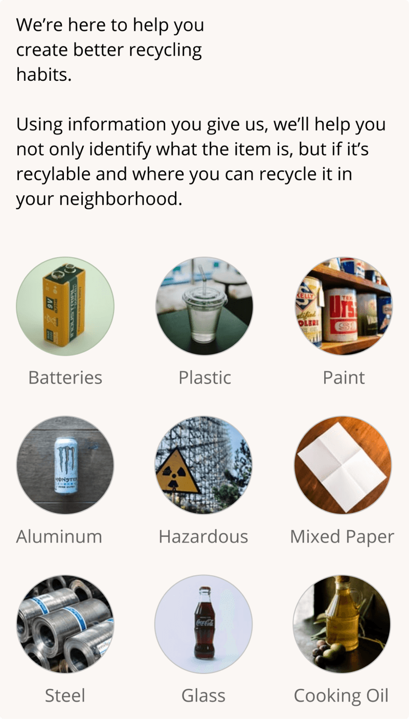 Category search iteration using photo thumbnails for materials like batteries, plastic, and paint