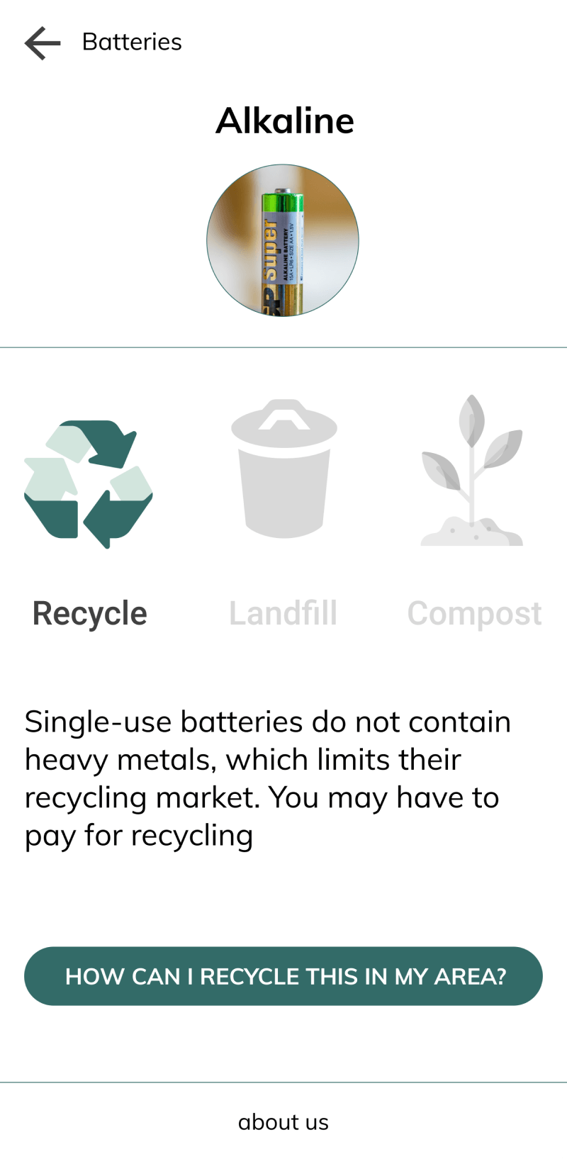 Alkaline battery detail iteration highlighting recycle over landfill and compost options