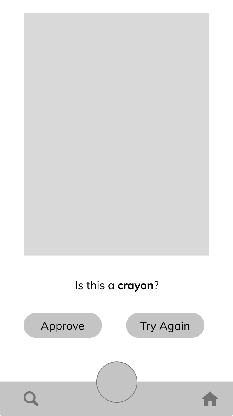 Result confirmation wireframe asking “Is this a crayon?” with approve and try again buttons