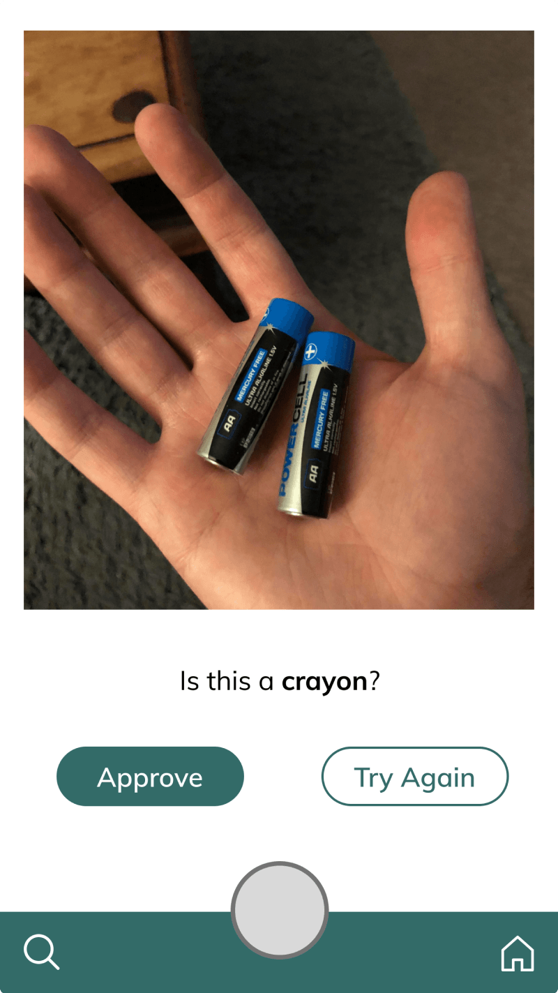 Results iteration asking “Is this a crayon?” beneath a captured photo of batteries