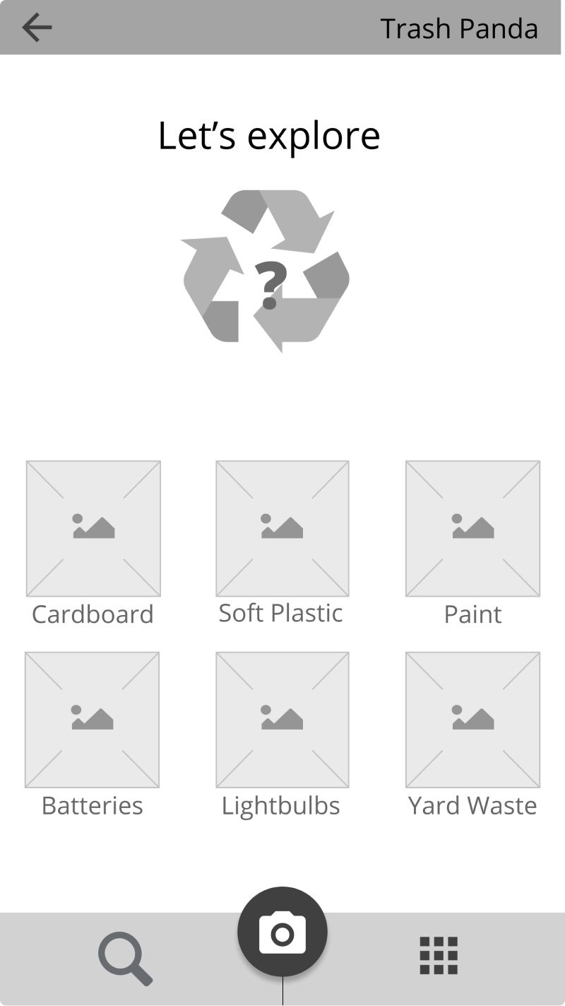 Navigation wireframe with search, camera, and menu icons in a bottom bar