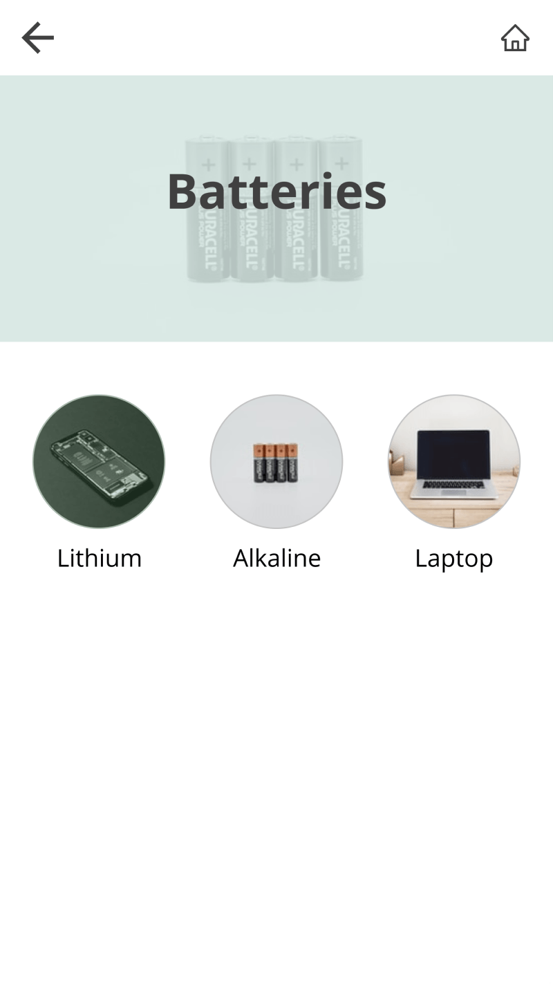Batteries category screen testing back arrow and home icons as top navigation