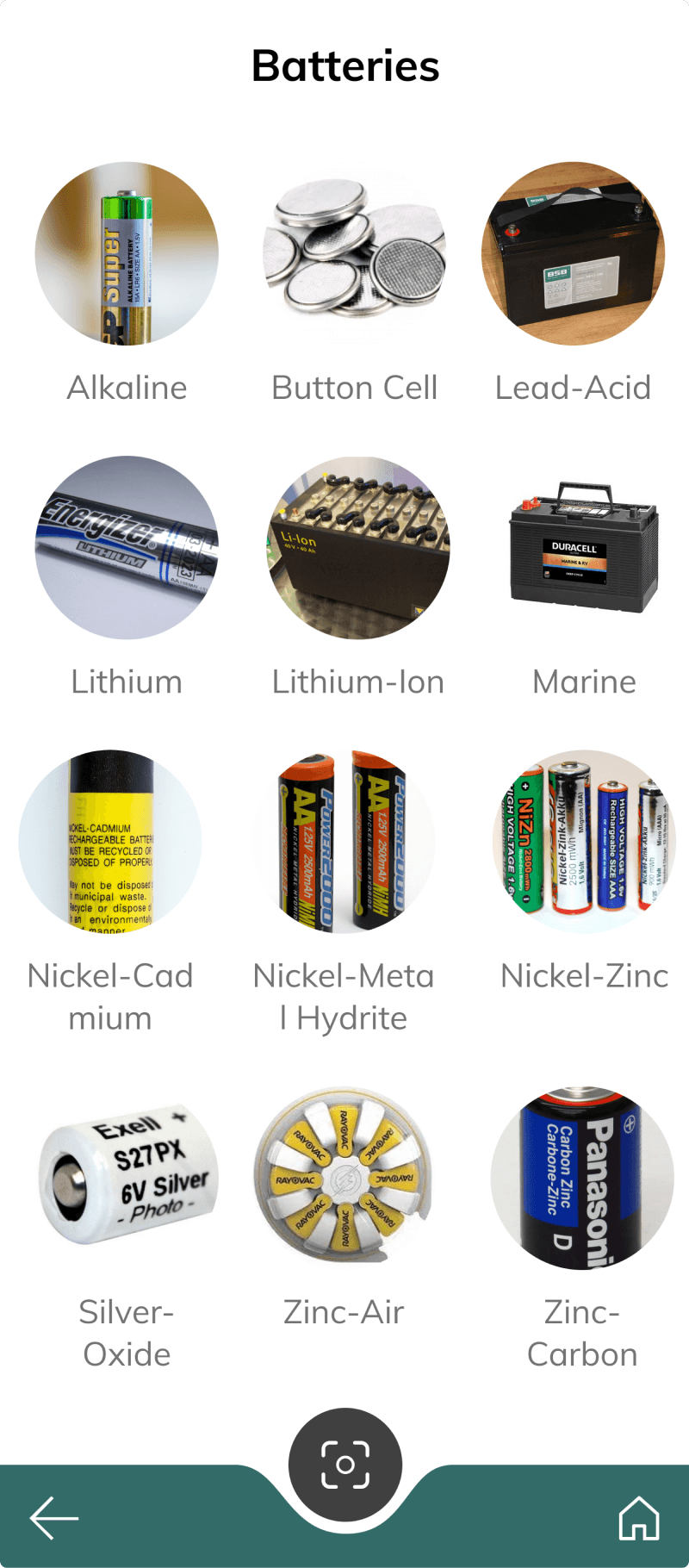 Battery type grid with a camera capture button docked in the bottom navigation bar