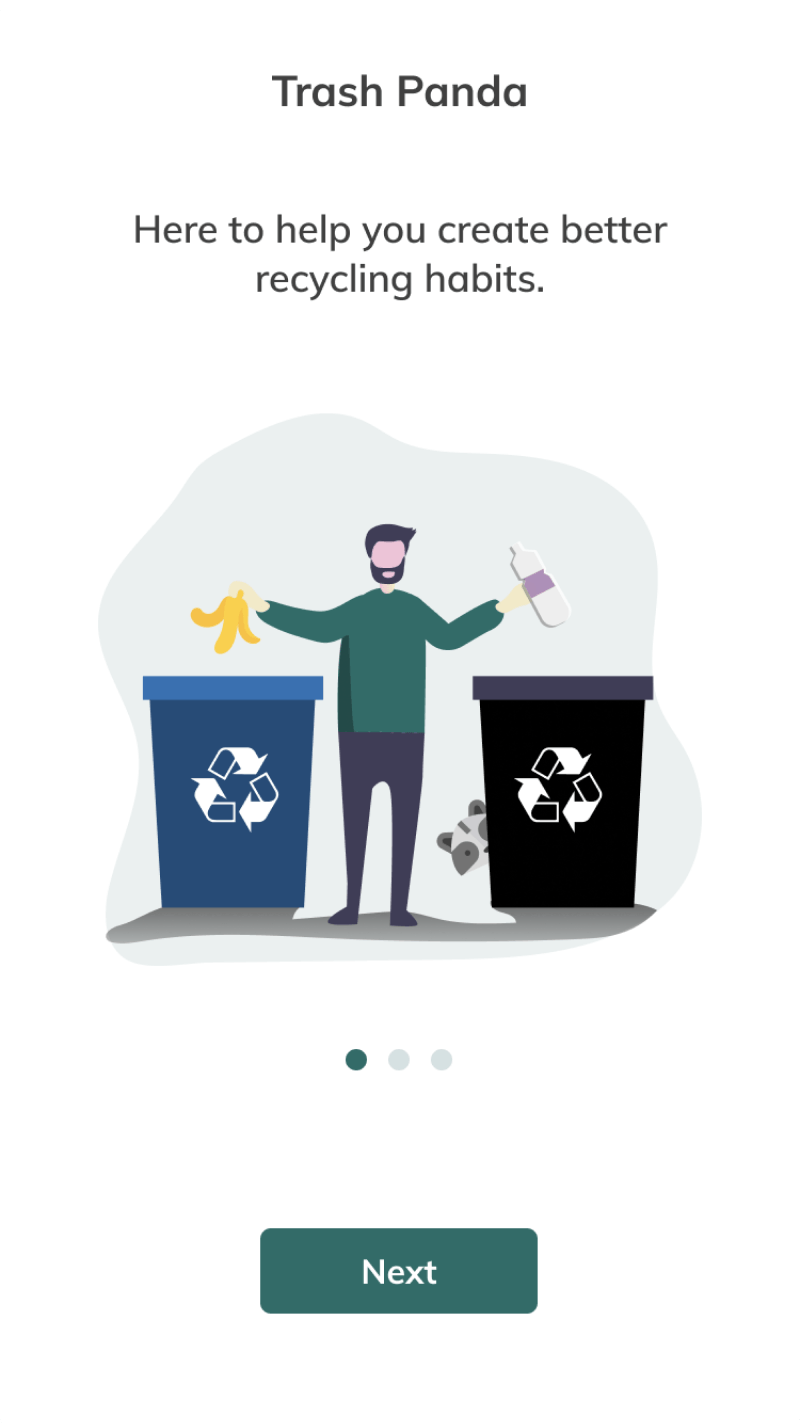 First onboarding screen introducing Trash Panda with an illustration of recycling bins