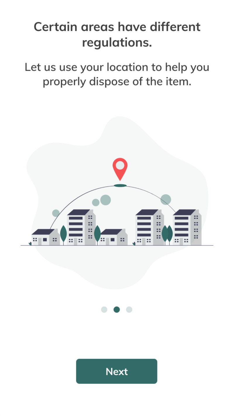 Onboarding screen requesting location access to match local recycling regulations