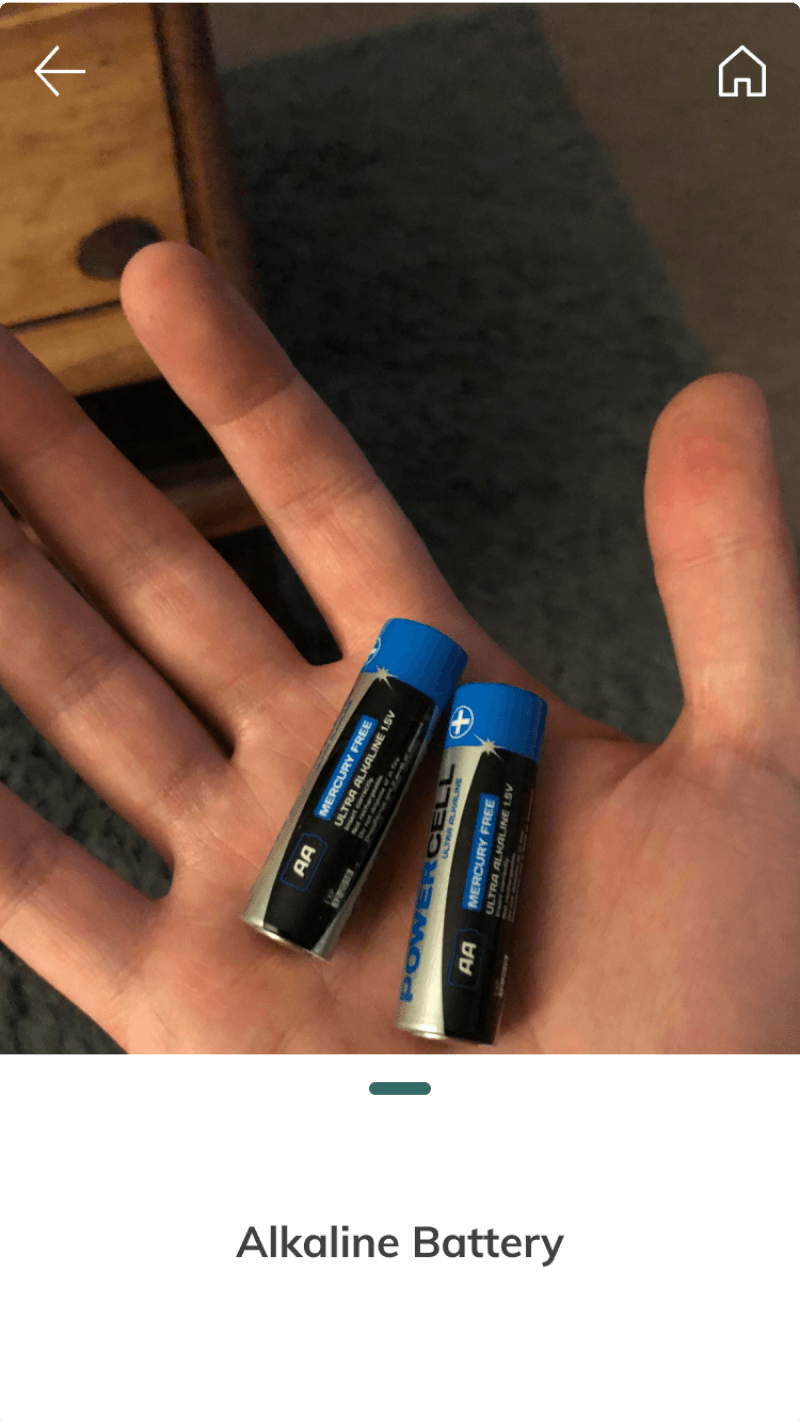 Result card sliding up to identify the photographed item as an alkaline battery