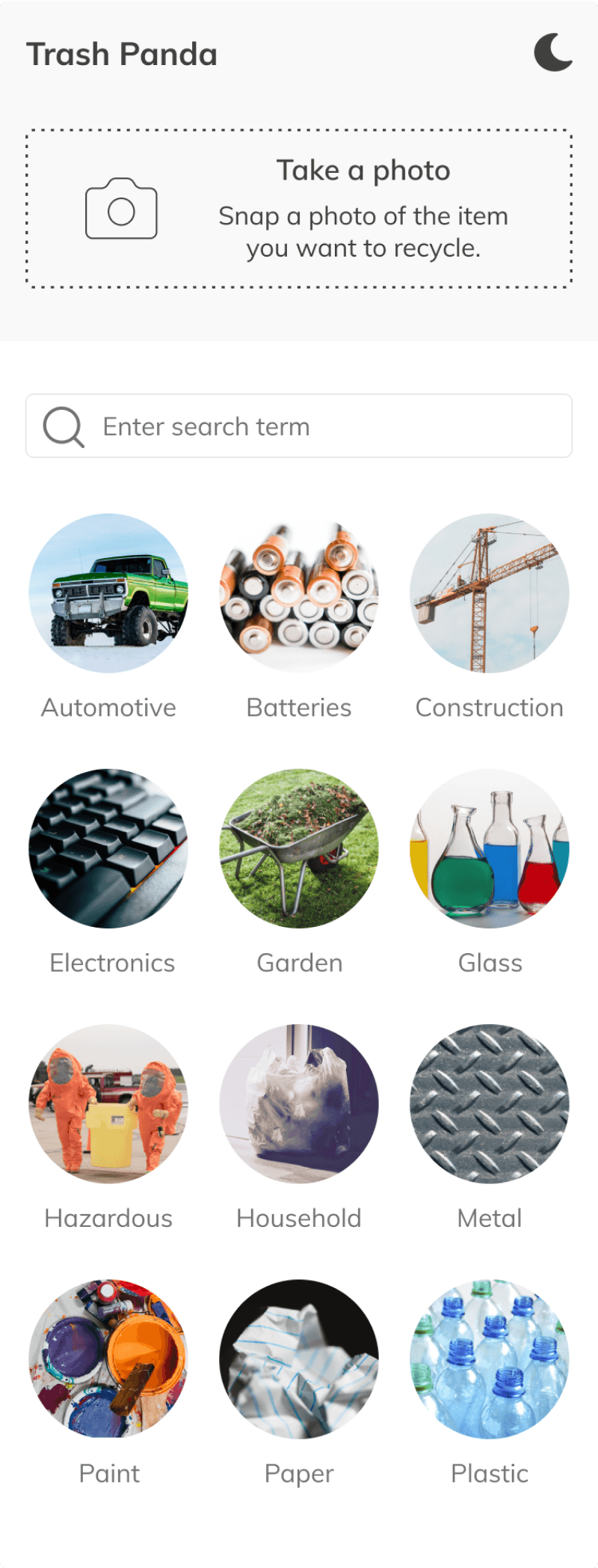 Final home screen with a take-a-photo card, search bar, and photo category grid