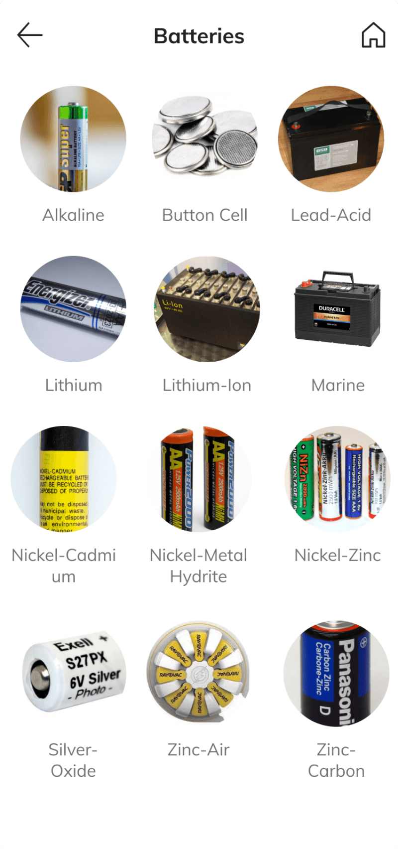Batteries category screen using realistic photos of each battery type