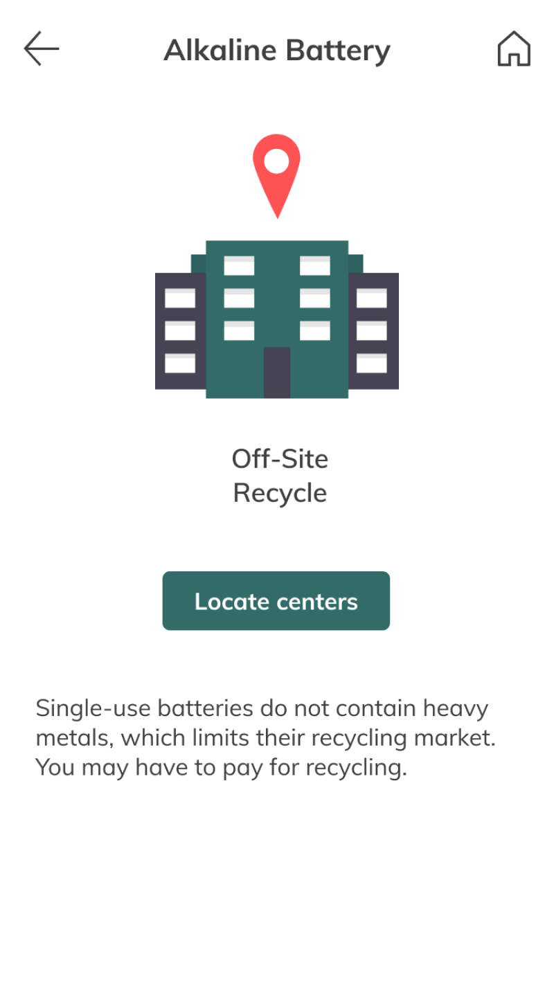 Alkaline battery page reached from category search, with off-site recycle guidance