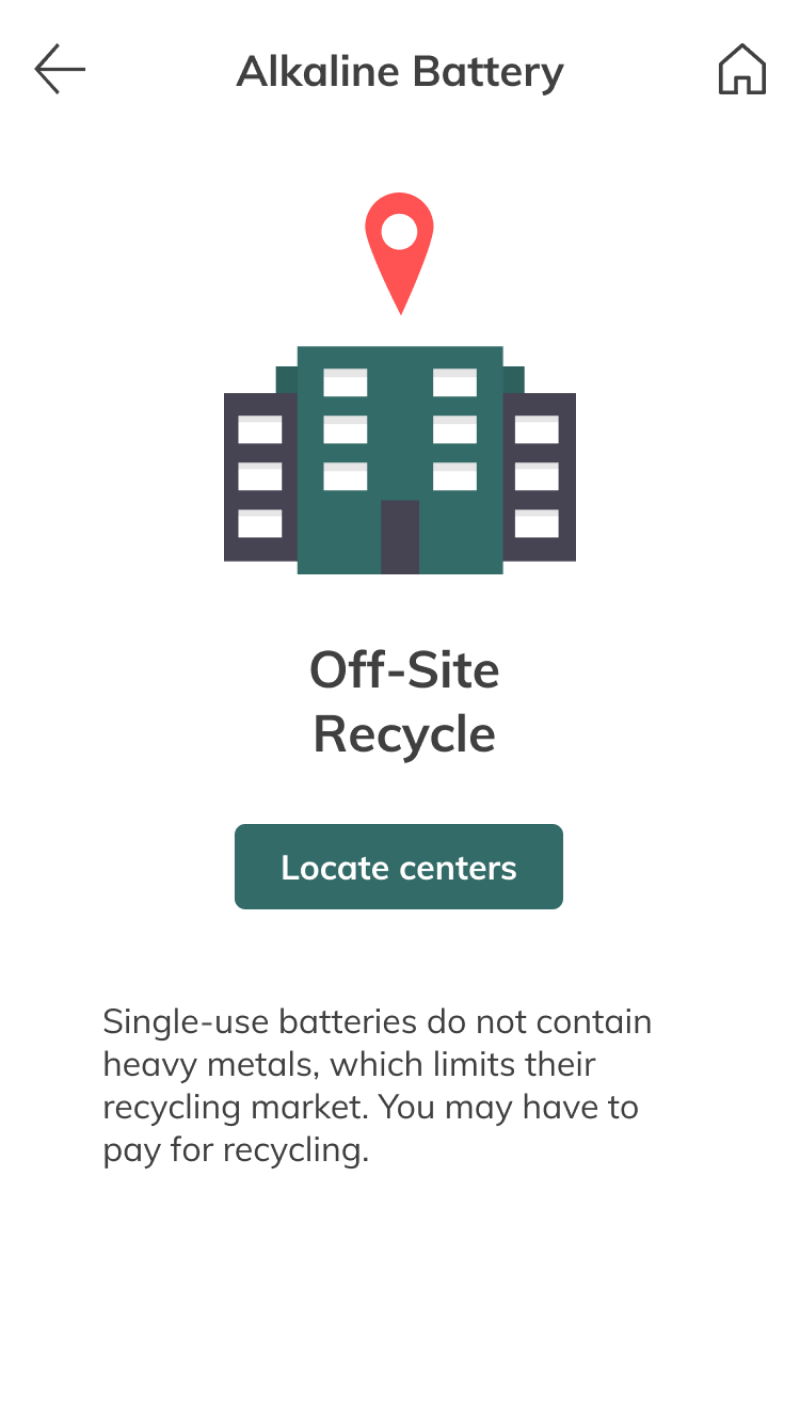 Alkaline battery information page with off-site recycle graphic and locate centers button
