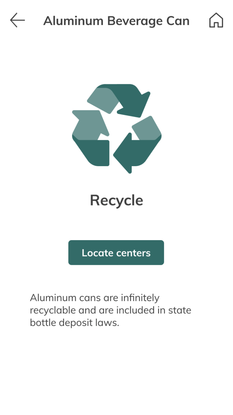 Aluminum beverage can information page marked recyclable, with a locate centers button