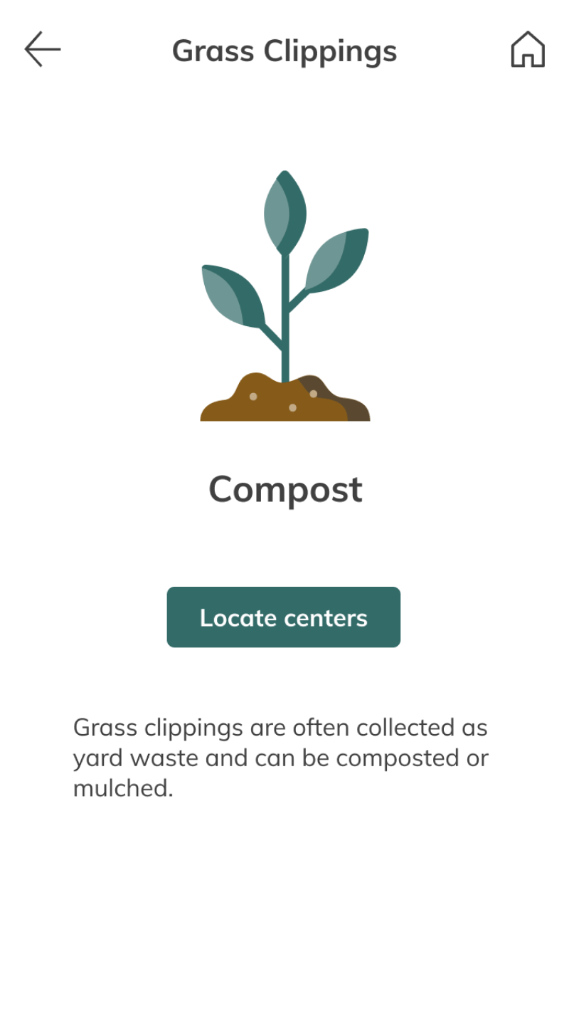 Grass clippings information page recommending compost, with a locate centers button